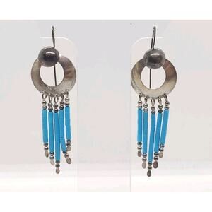 Vintage Earrings Turquoise Native Southwest 935 Sterling Silver Dangle Long Drop